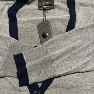NWT Line Cashmere Blend V Neck Cardigan in Grey W/ Navy Trim Size XL